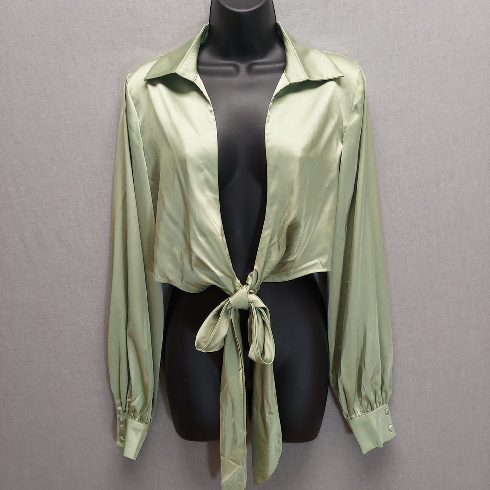 Womens L Satin Tie Front Crop Top Y2K Coquette Soft Girl Going Out Fairy Blouse